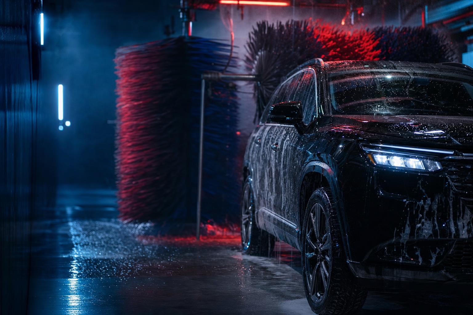 Black SUV emerging from a Splash Car Wash tunnel, water sheeting off the paint